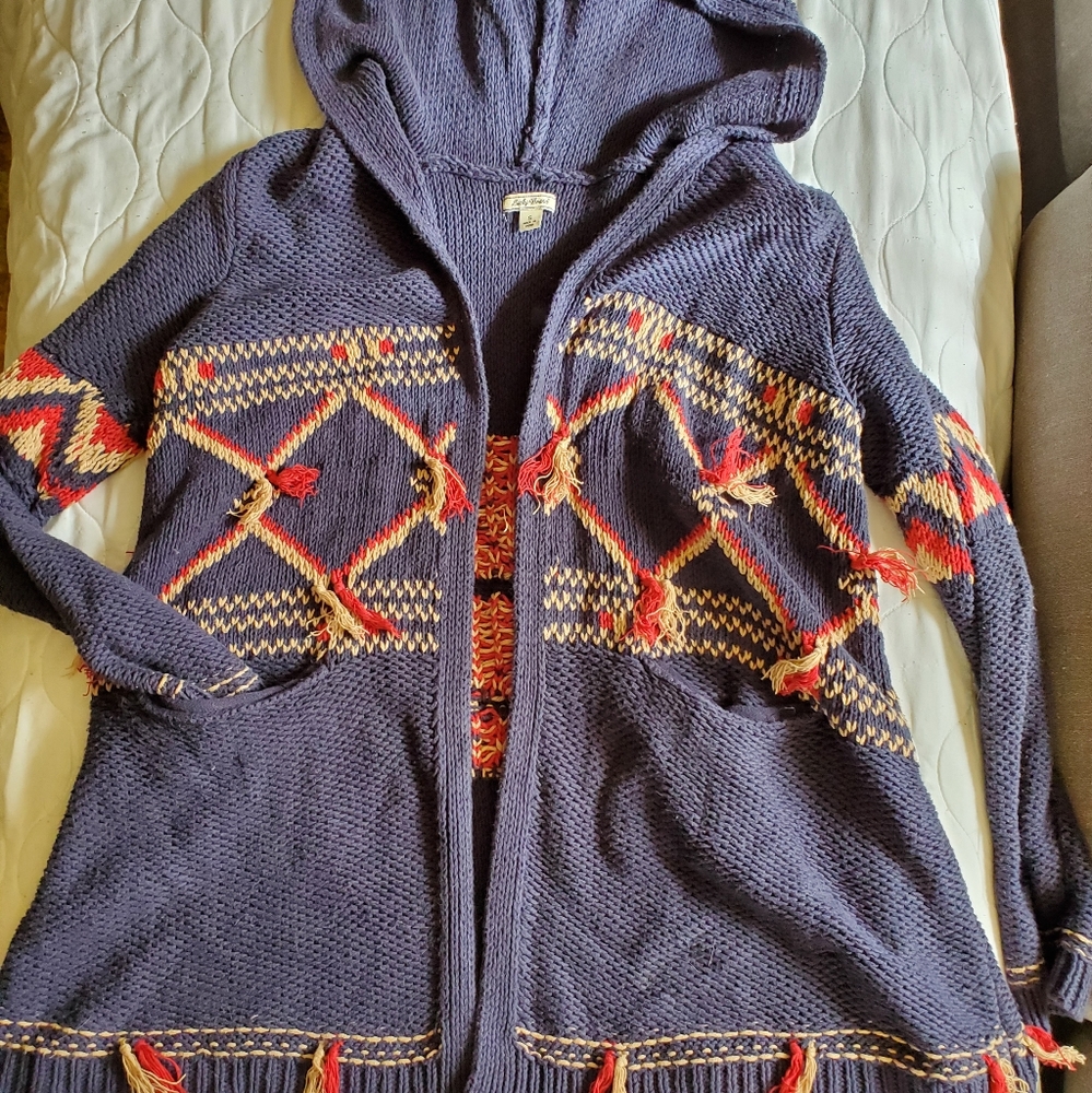 Luck Brand Tassel Diamond Pattern Hooded Cardigan